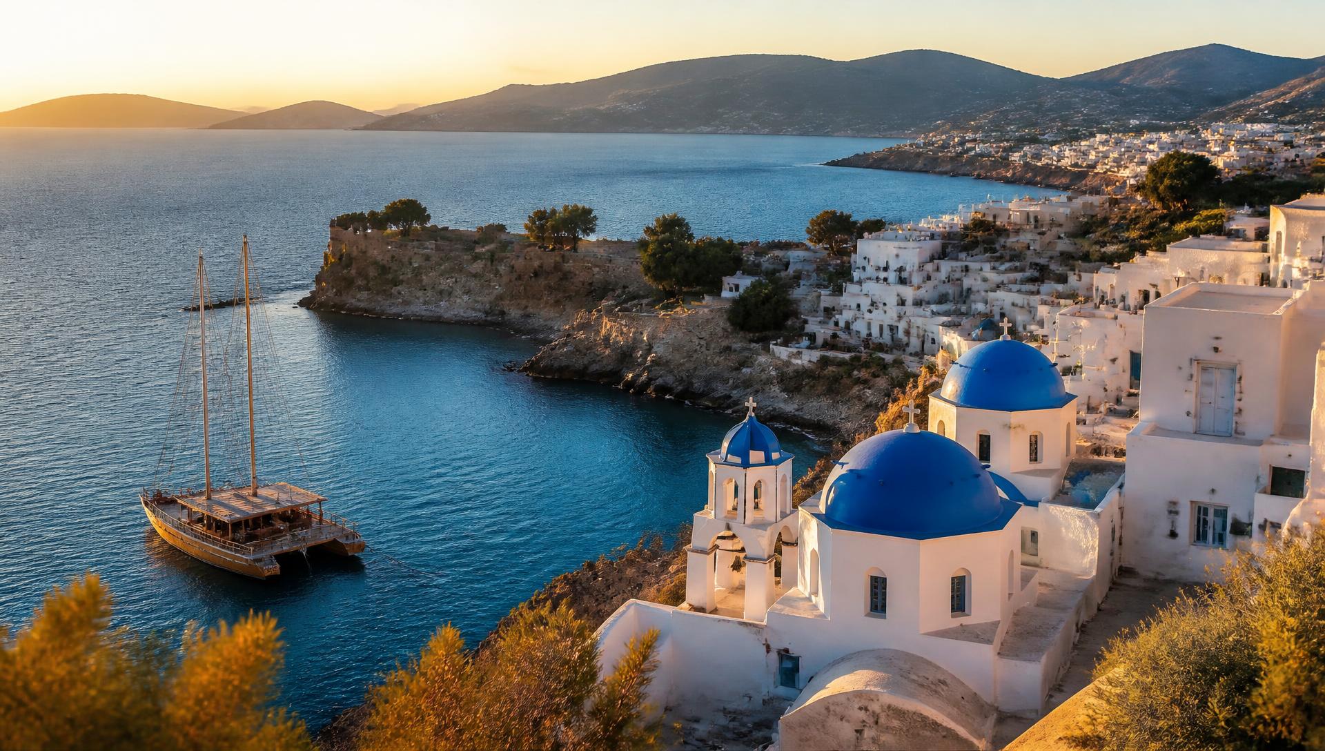 Whitewashed Aegean island village above a deep blue bay with a sailing yacht at golden hour